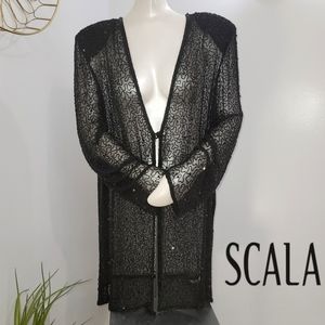 Scala sheer beaded elegant sparkle duster jacket black see mesurements for size